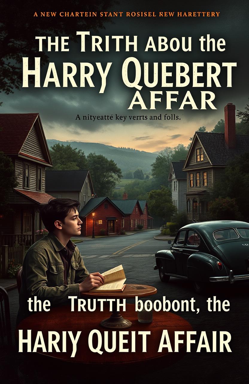 A moody and evocative scene depicting a small, picturesque town in New Hampshire, reflecting the atmosphere of the book 'The Truth about the Harry Quebert Affair