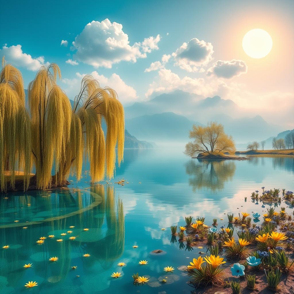 A surreal realistic lake with turquoise water resembling molten glass, reflecting weeping willow trees with semi-transparent leaves