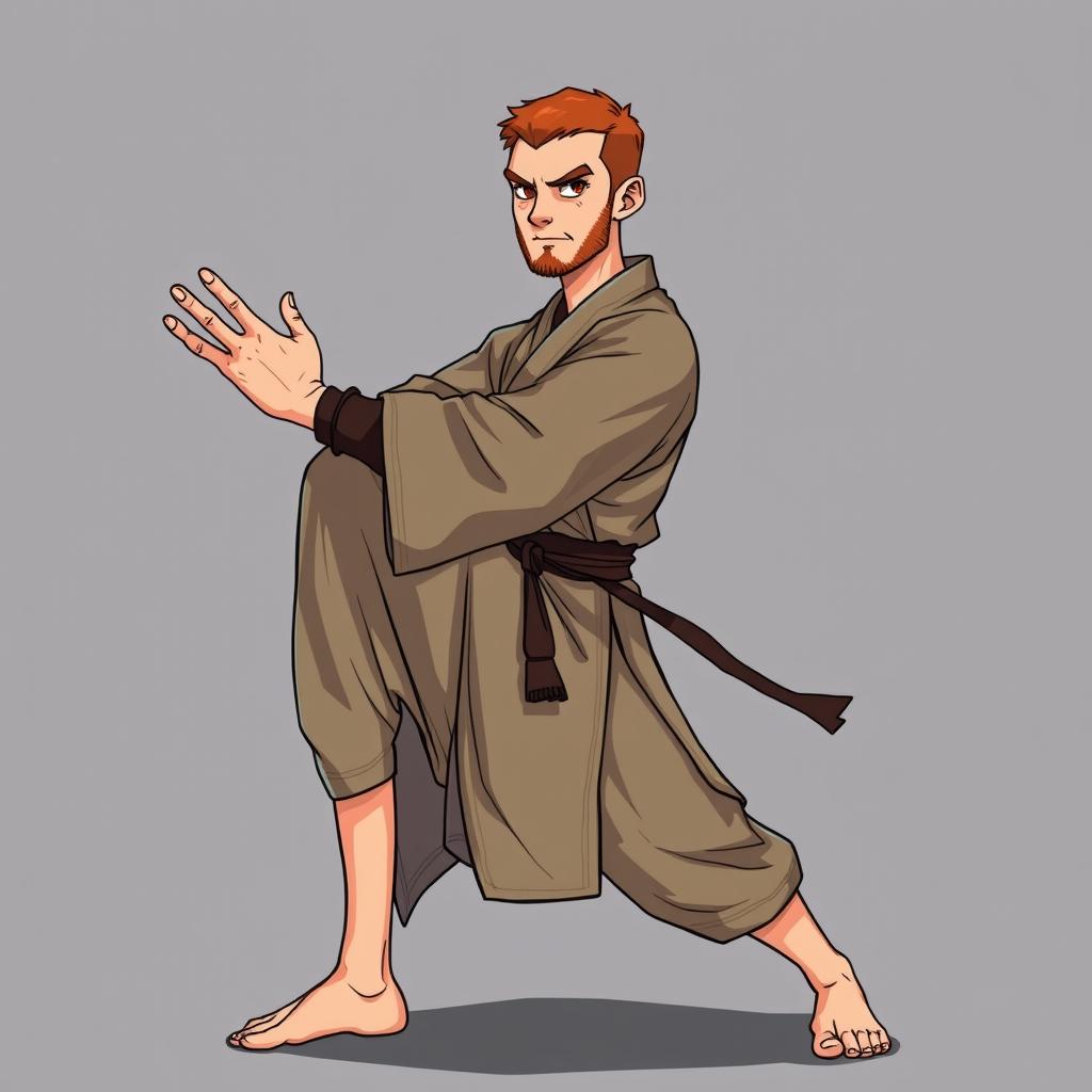 A European male warrior monk from Dungeons & Dragons, depicted in a Muay Thai stance with one leg raised in a graceful crane pose