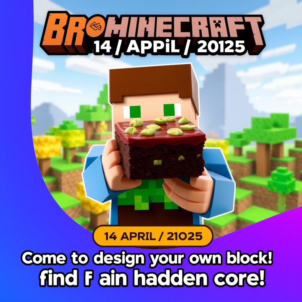 A colorful and engaging advertisement for "Browniecraft", featuring a Minecraft character holding a delicious brownie topped with Pistachio
