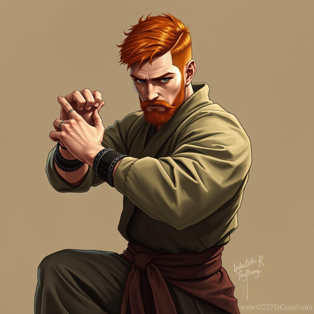 An European male warrior monk from Dungeons & Dragons, elegantly posed in a Muay Thai stance with one leg raised in a crane pose