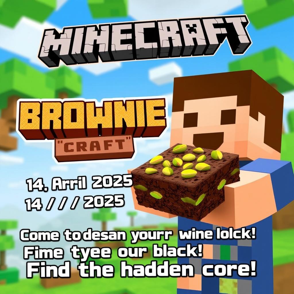 A Minecraft-inspired advertisement featuring a character from the game holding a delicious-looking brownie topped with pistachios