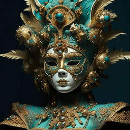 A woman seen wearing an elaborate mask in turquoise and gold, featuring intricate miniature sculptures and Venetian scenes. The style is a blend of Vray tracing, Cloisonnism, and realistic fantasy artwork, all presented with exquisite detail.