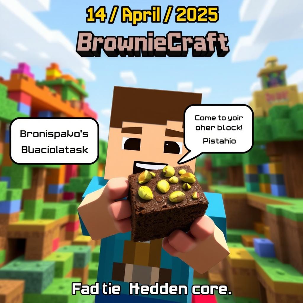 In a vibrant Minecraft world, a pixelated character with a joyful expression is holding up a delicious brownie topped with pistachios, showcasing the product from the brand "BrownieCraft"