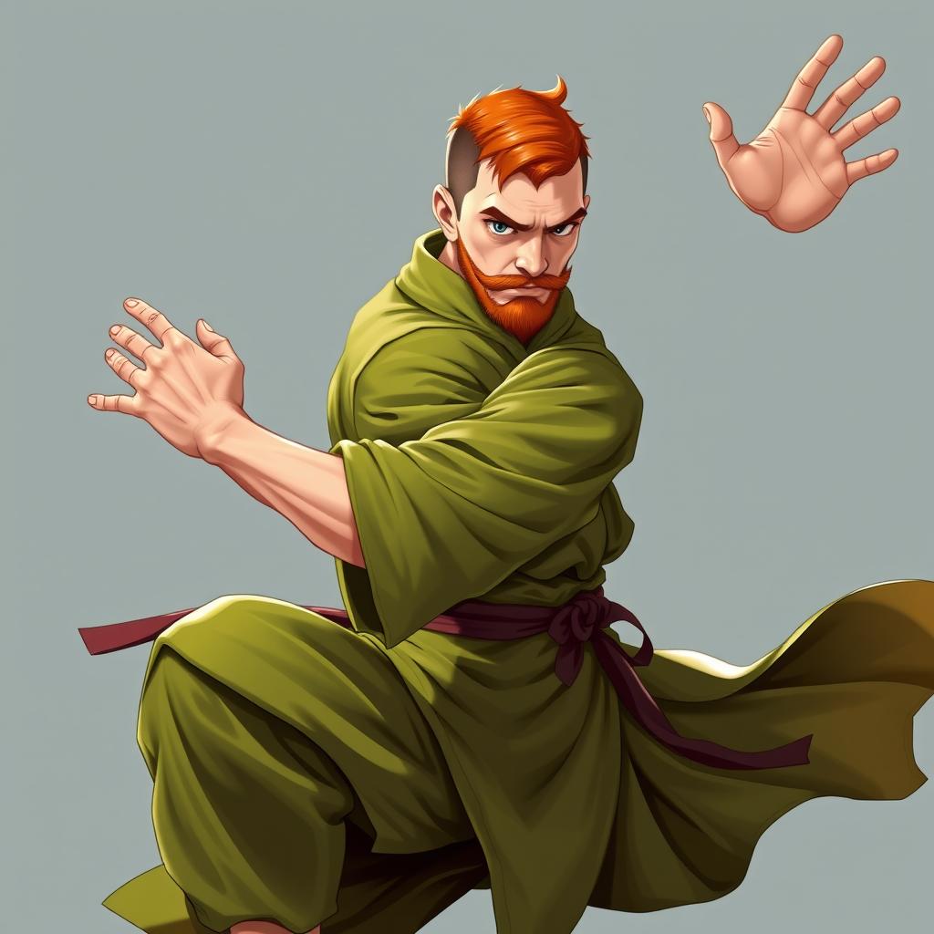 A European male warrior monk from Dungeons & Dragons, captured in a Muay Thai stance with one leg raised in a graceful crane pose