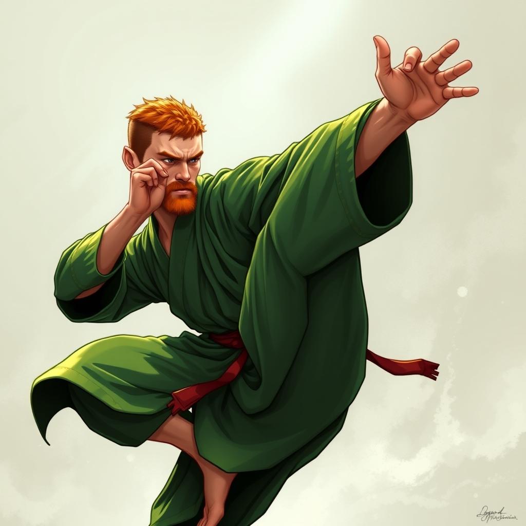A European male warrior monk from Dungeons & Dragons, captured in a Muay Thai stance with one leg raised in a graceful crane pose