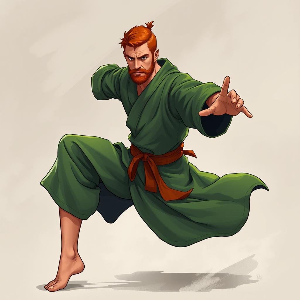 A dynamic European male warrior monk from Dungeons & Dragons, showcased in a Muay Thai stance with one leg elegantly raised in a crane pose