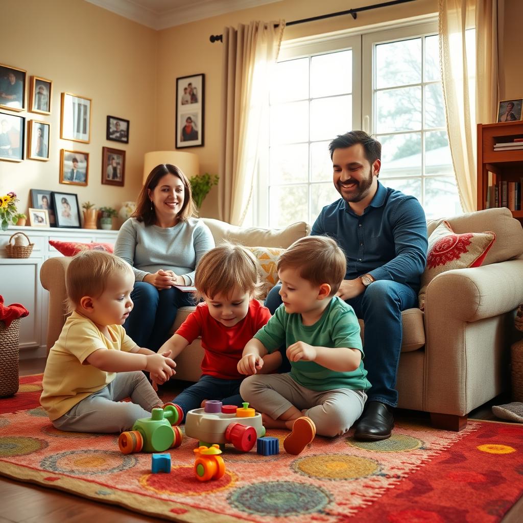 A cozy family scene featuring a happy family with parents and children in a warm and colorful living room