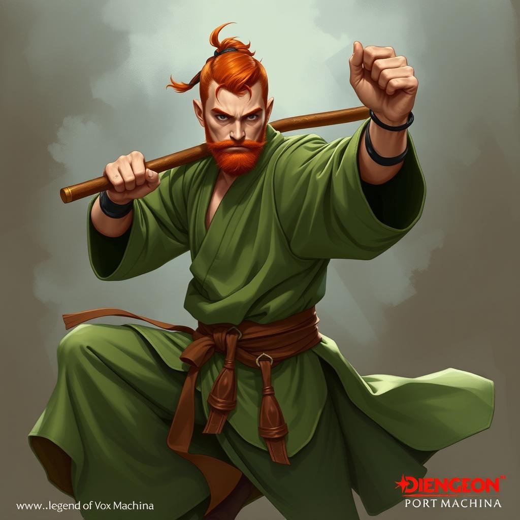 A European male warrior monk from Dungeons & Dragons, depicted in a Muay Thai stance with one leg raised in a crane pose, confidently wielding a bo staff