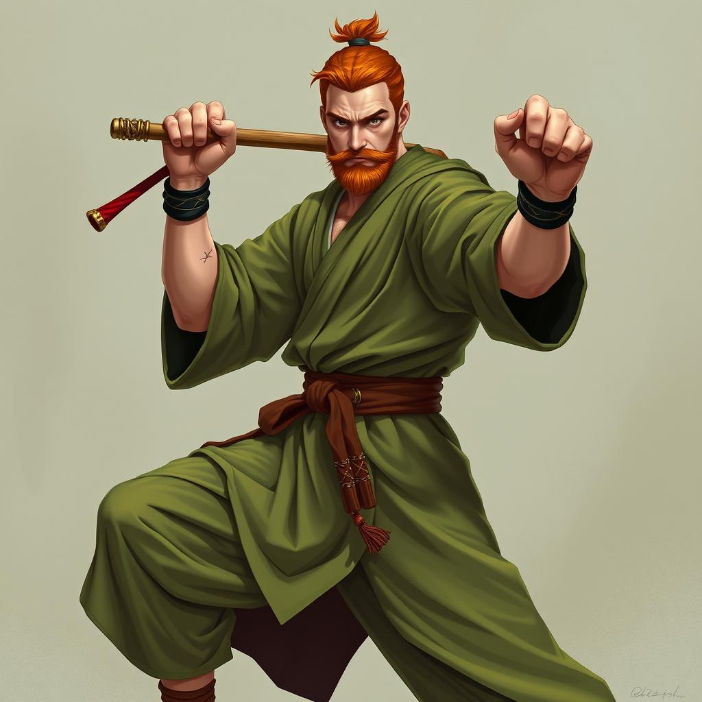 A European male warrior monk from Dungeons & Dragons, depicted in a striking Muay Thai stance with one leg raised in a crane pose, confidently wielding a bo staff