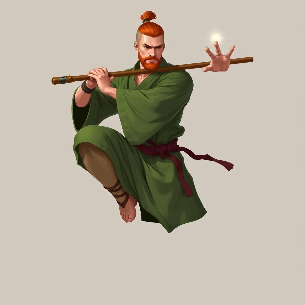 An impressive European male warrior monk from Dungeons & Dragons, depicted in a Muay Thai stance with one leg raised in a crane pose, confidently wielding a bo staff
