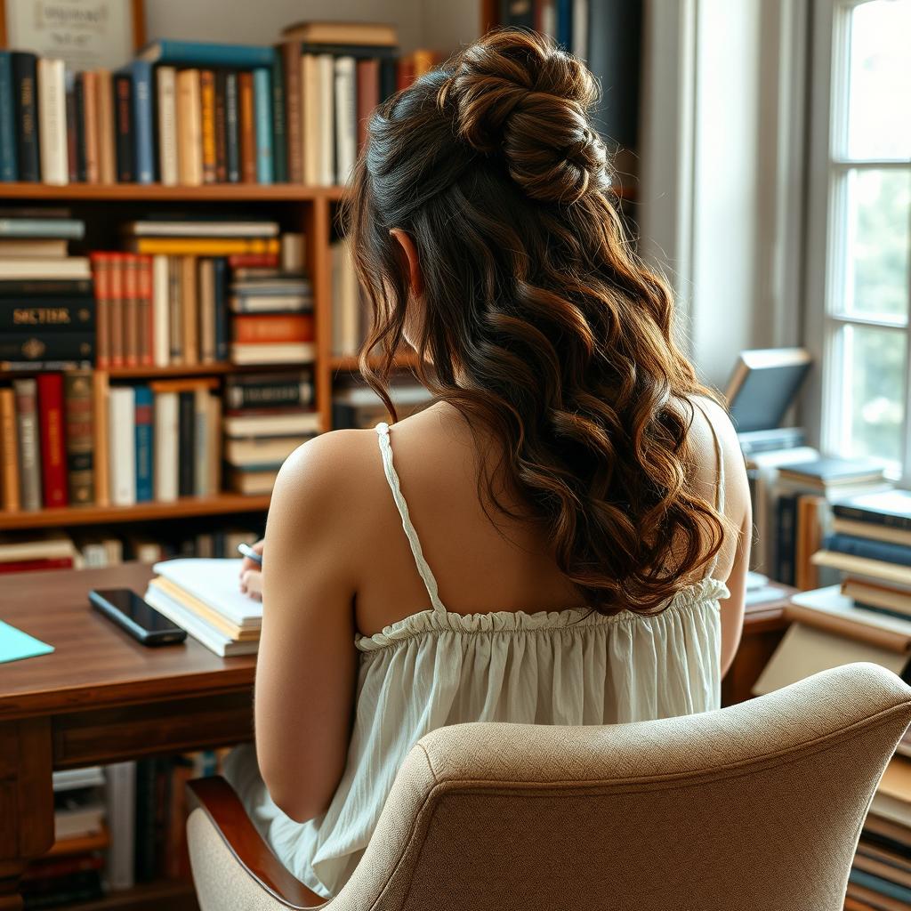 A cozy and inviting scene of a writer, viewed from behind, deeply engaged in her writing at a wooden desk surrounded by an extensive collection of books