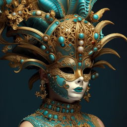 A woman seen wearing an elaborate mask in turquoise and gold, featuring intricate miniature sculptures and Venetian scenes. The style is a blend of Vray tracing, Cloisonnism, and realistic fantasy artwork, all presented with exquisite detail.