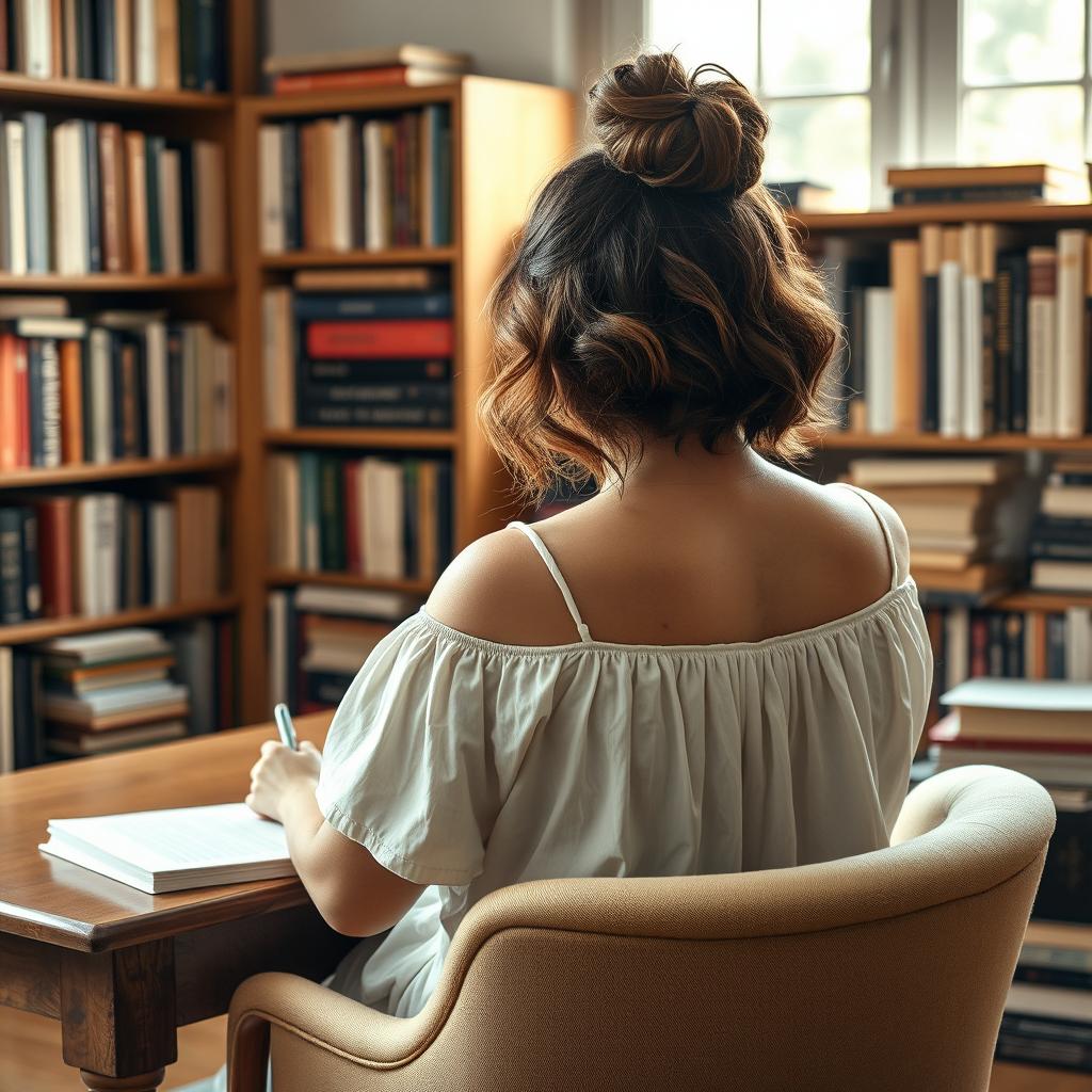 A serene and inspiring scene of a 40-year-old female writer, viewed from behind, immersed in her writing at a wooden desk surrounded by an extensive collection of books