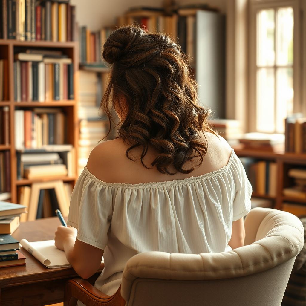A serene and engaging scene of a 40-year-old female writer, viewed from behind, deeply focused on her writing at a well-used wooden desk surrounded by a rich collection of books