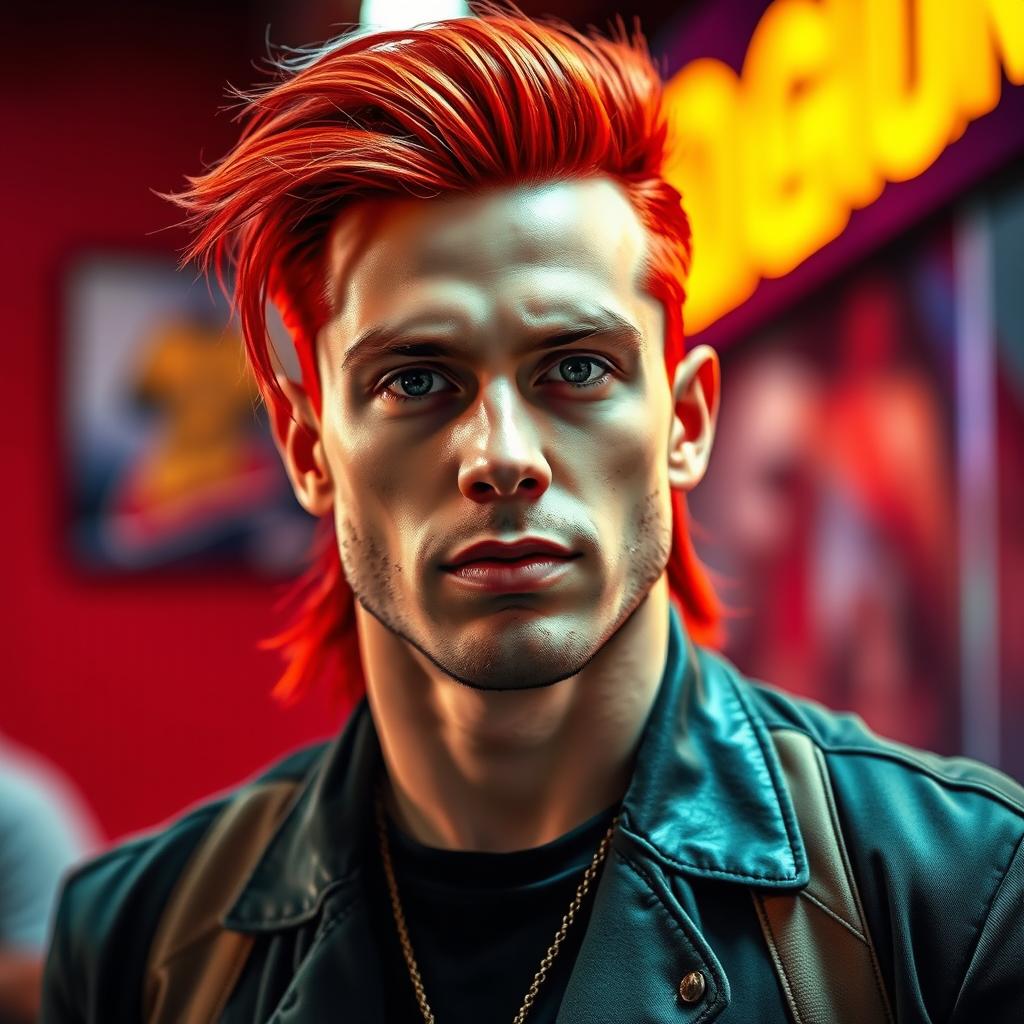 A handsome masculine man with a striking red mullet hairstyle, featuring strong facial features and a confident expression