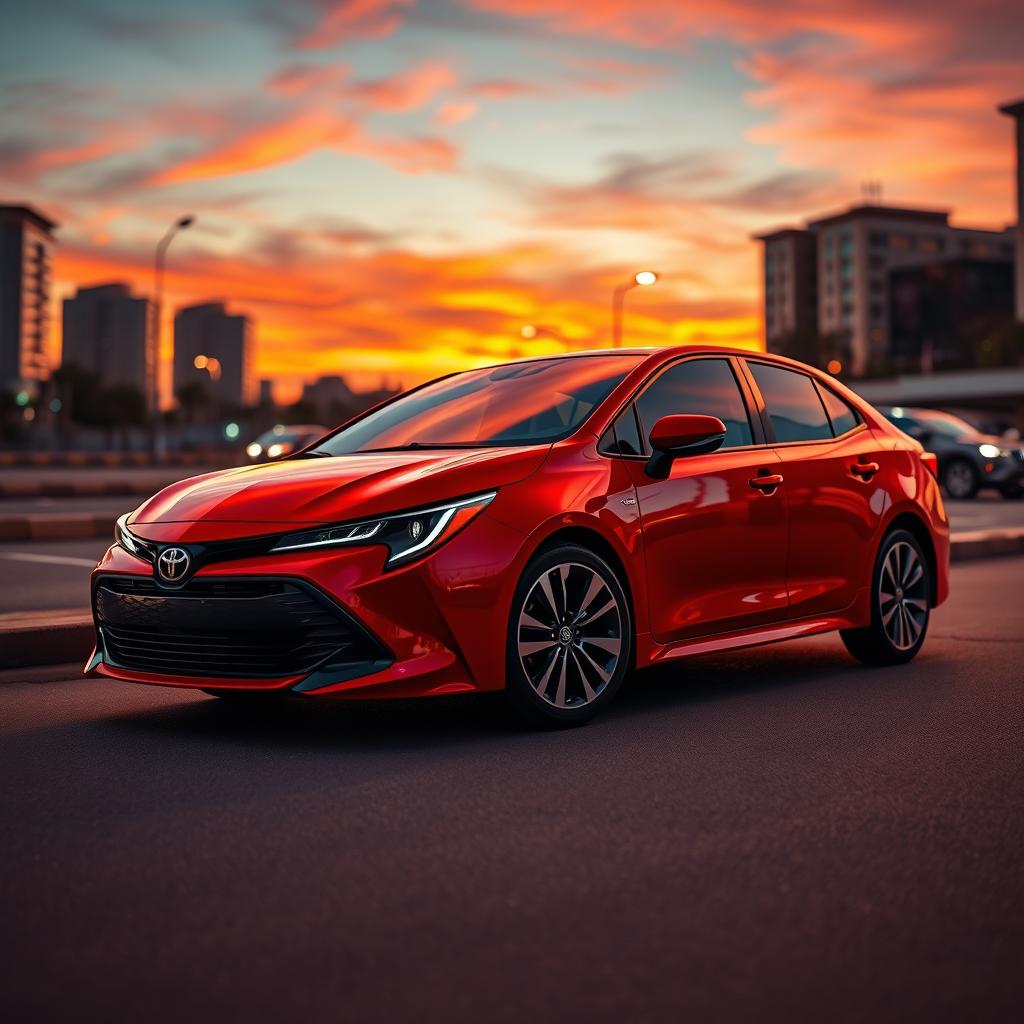 A sleek and polished Toyota Corolla in a vibrant red color, parked in an urban setting during sunset