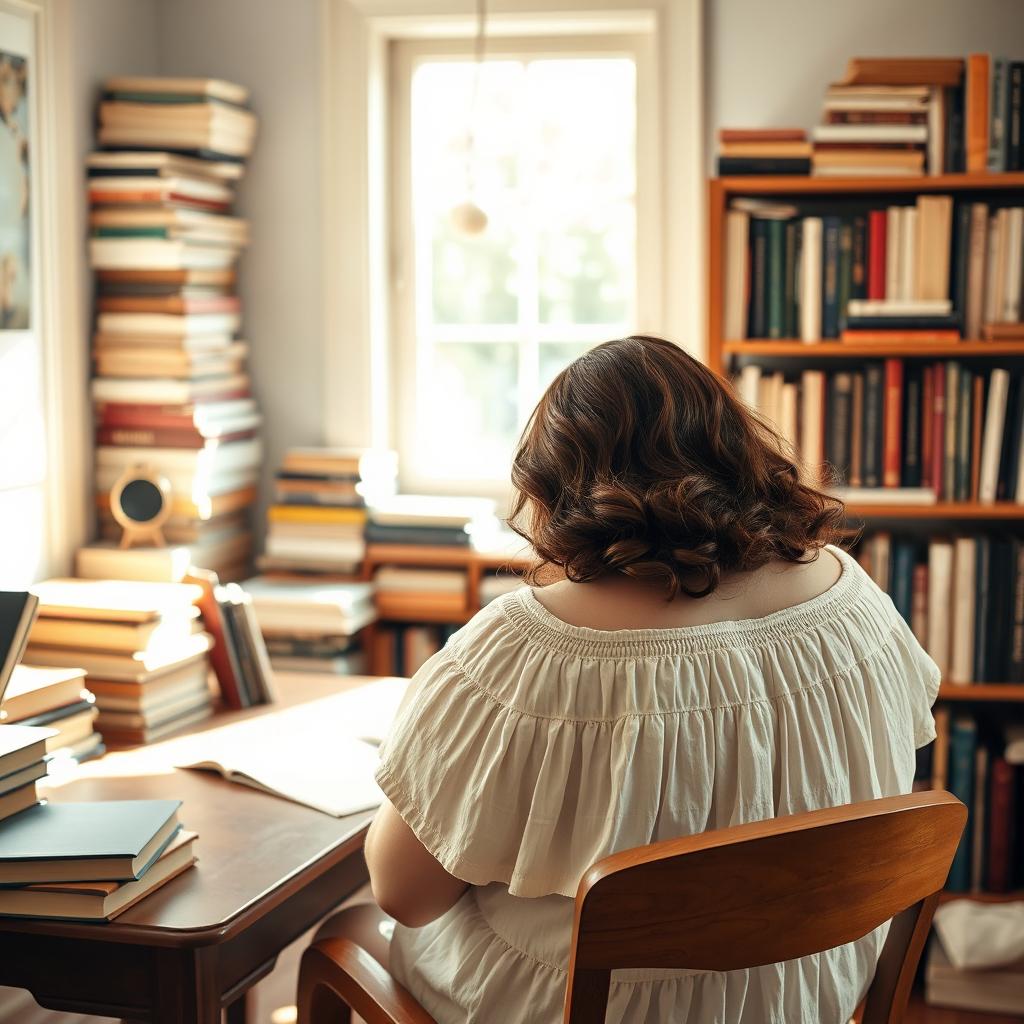 An inviting and tranquil scene depicting a 40-year-old female writer, viewed from behind, engrossed in her writing at a wooden desk surrounded by an ample collection of books