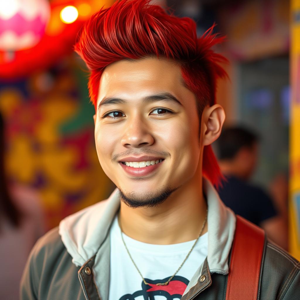 A handsome masculine Filipino man with a striking red mullet hairstyle, showcasing strong features and a confident smile