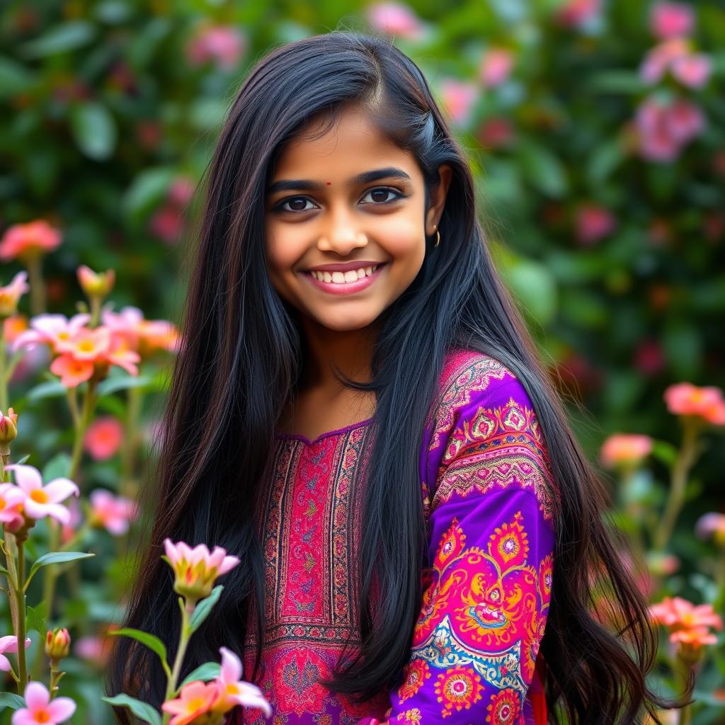 A vibrant portrait of a teenage Indian girl with long, flowing black hair and warm brown skin, wearing traditional attire such as a colorful kurta adorned with intricate patterns, set against a backdrop of lush greenery