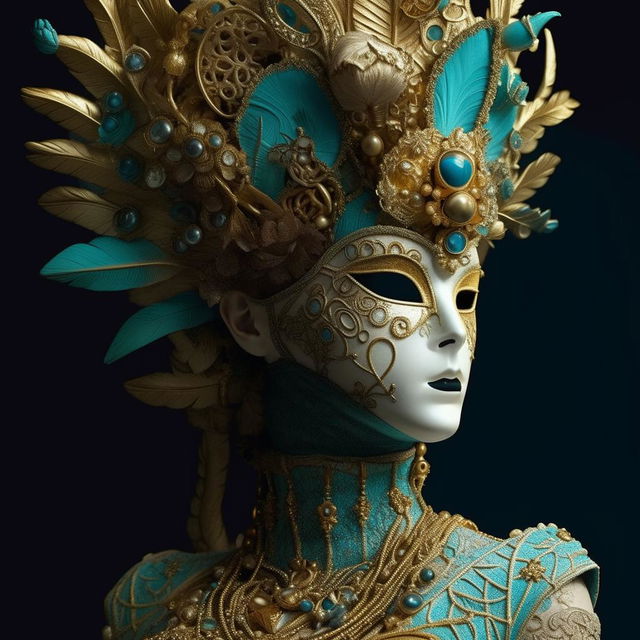 A woman seen wearing an elaborate mask in turquoise and gold, featuring intricate miniature sculptures and Venetian scenes. The style is a blend of Vray tracing, Cloisonnism, and realistic fantasy artwork, all presented with exquisite detail.