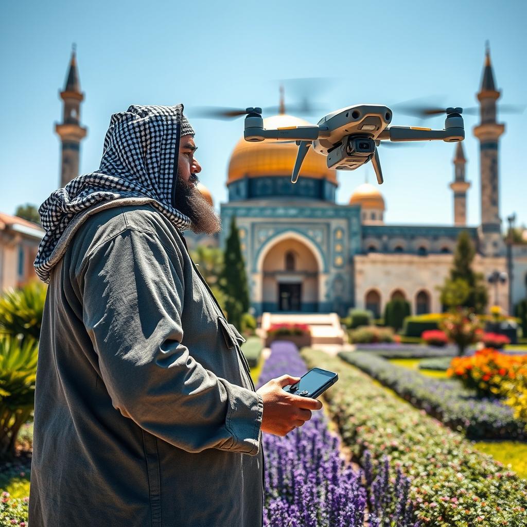 A light, overweight, large-bodied mujahid flying a FPV drone in the lush garden of the al-Aqsa Mosque, with the stunning architecture of the mosque in the background
