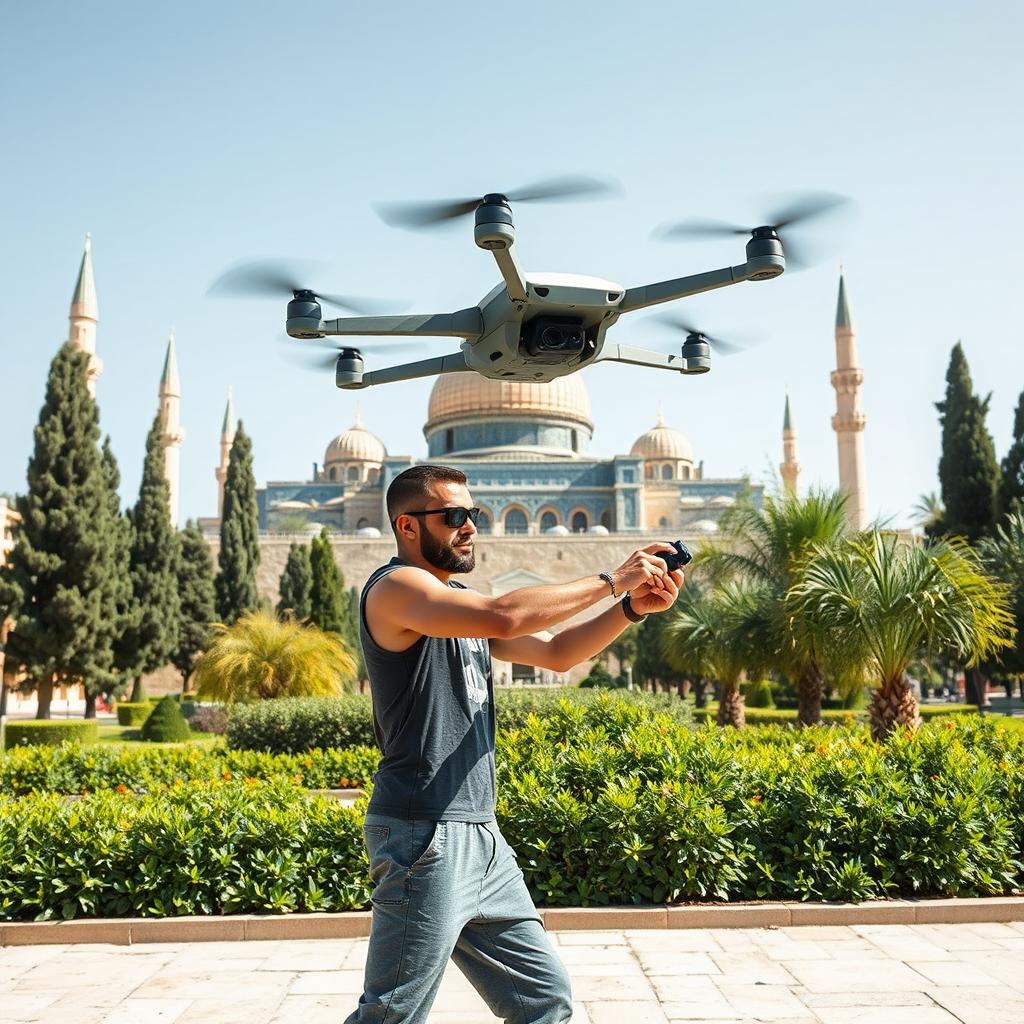 A light, athletic mujahid with a toned physique, expertly piloting a futuristic FPV kamikaze drone in the lush garden of the al-Aqsa Mosque