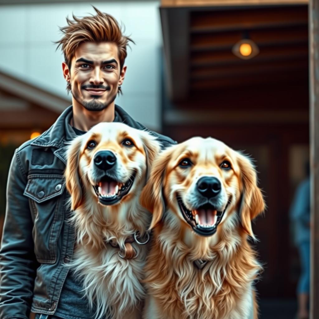 A handsome bad boy character with a rugged charm, standing next to a loyal golden retriever