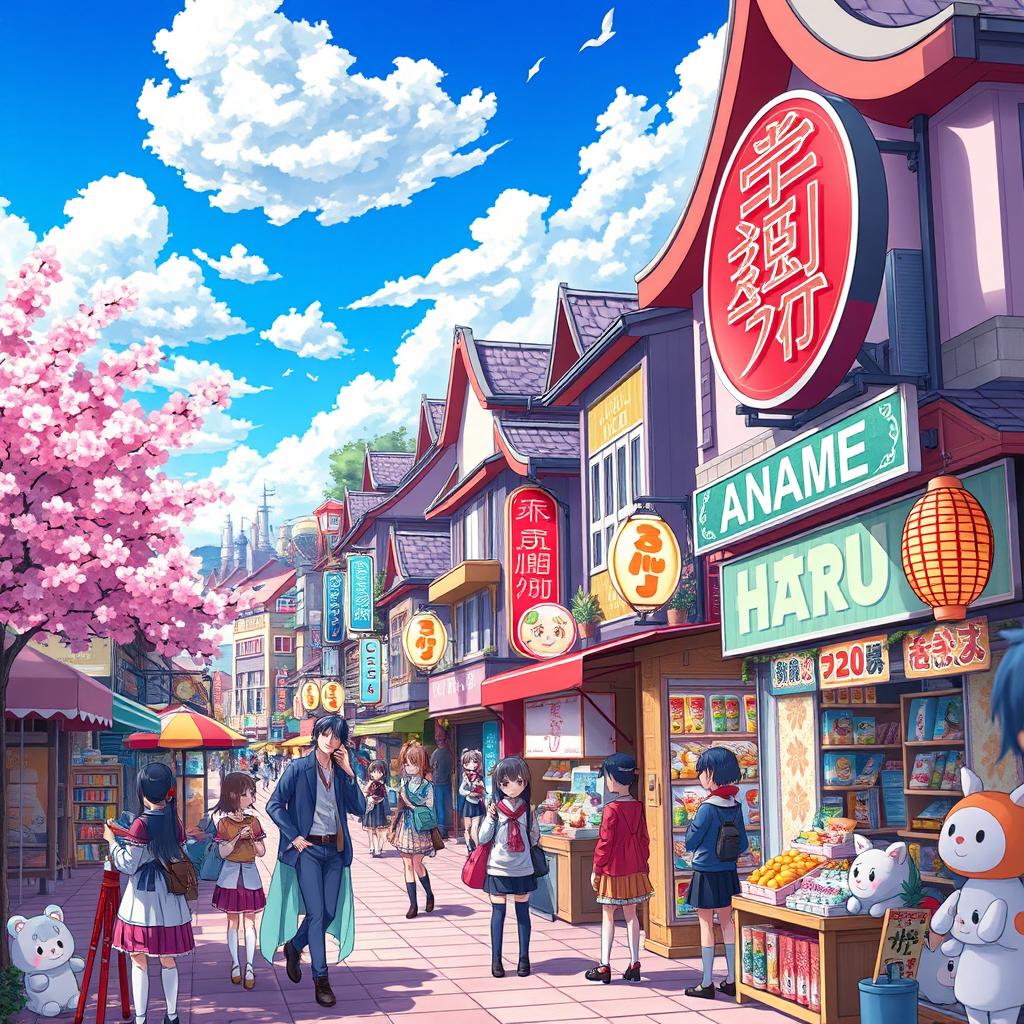 A vibrant and colorful digital illustration depicting a fantasy city filled with anime-inspired architecture, bustling with characters dressed in a mix of traditional and modern Japanese attire