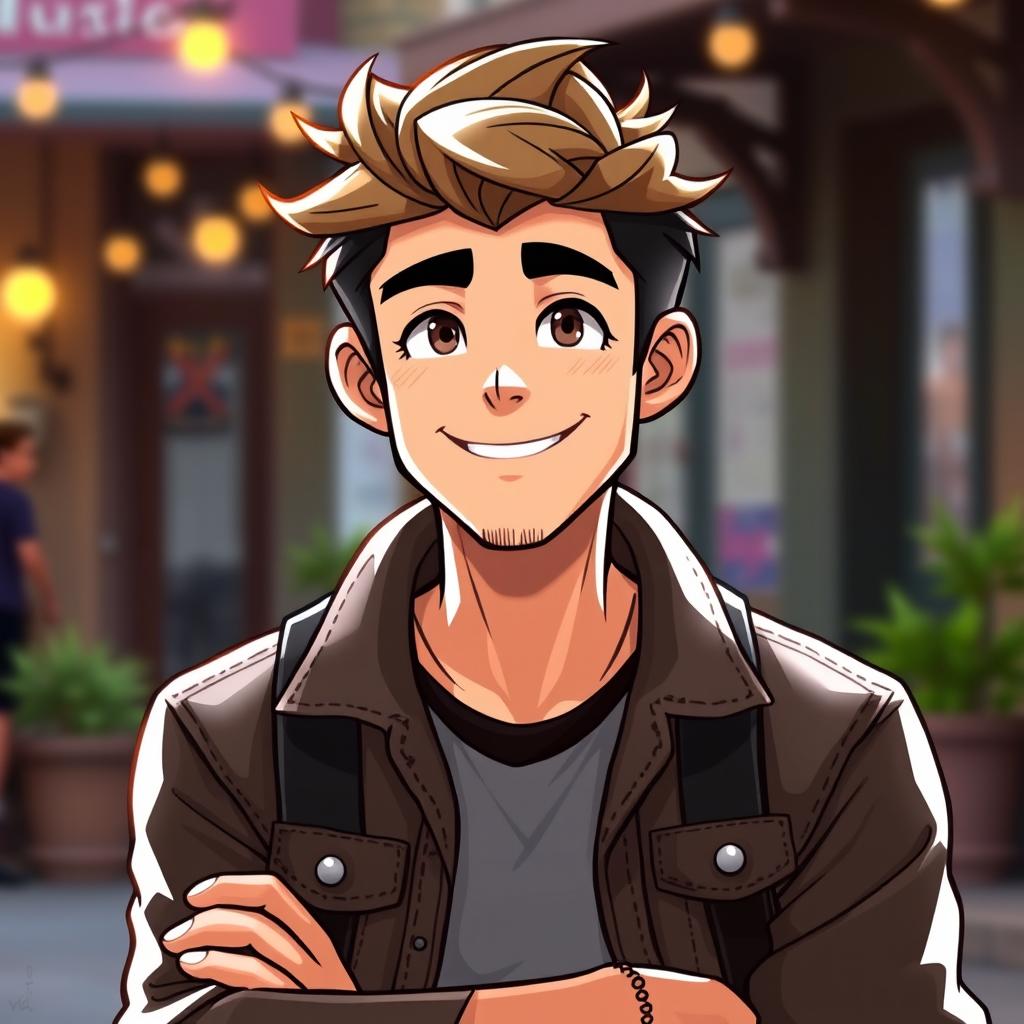 A handsome soft-hearted bad boy character named Sam, with an approachable charm and a gentle smile