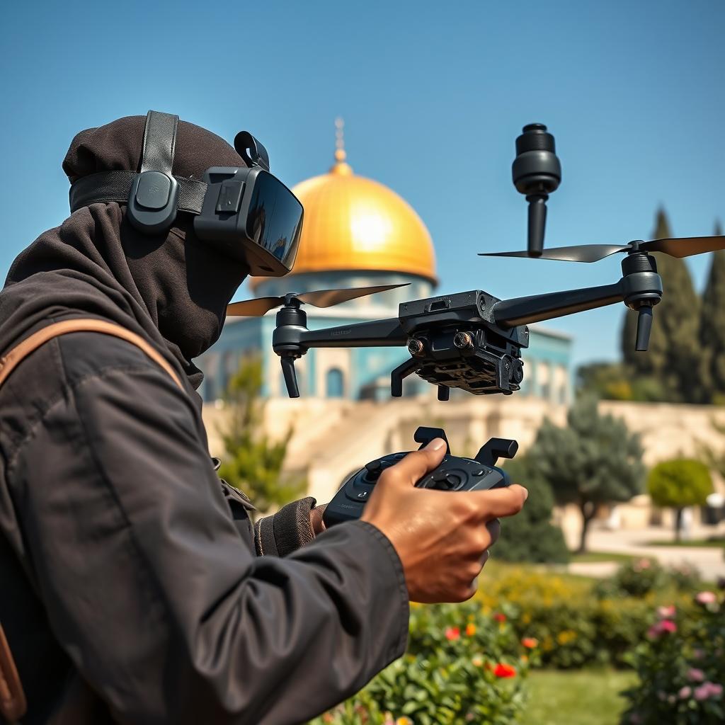A slightly large mujahid wearing FPV goggles, operating a quadcopter drone equipped with explosives, in the garden of the al-Aqsa Mosque