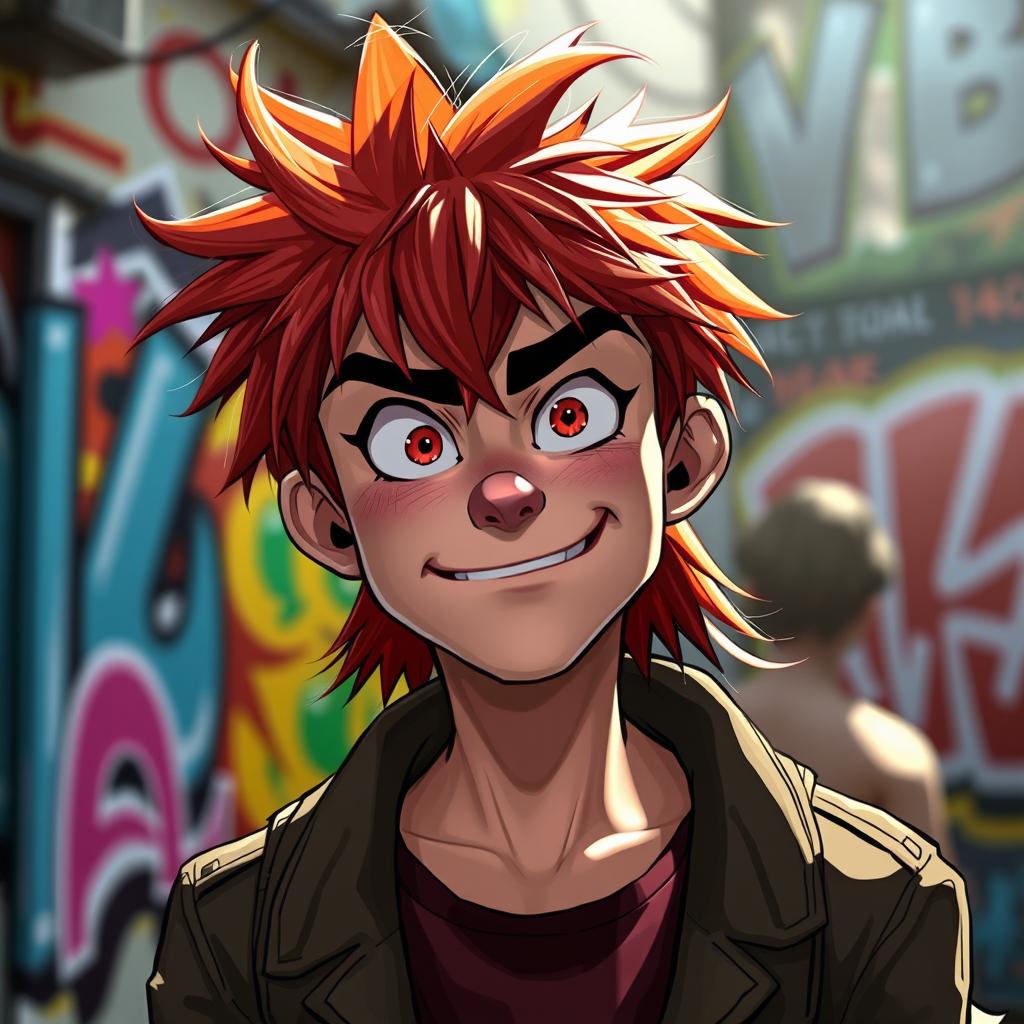 A character named Sam with a messy red mullet hairstyle, exuding a carefree and rebellious vibe