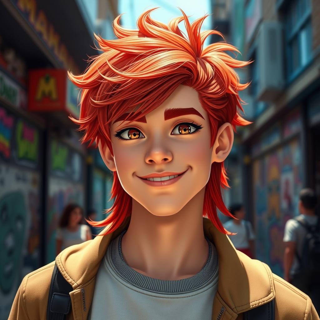 A character named Sam with a wavy red mullet hairstyle, exuding a trendy and playful vibe