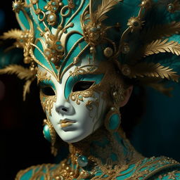 A woman seen wearing an elaborate mask in turquoise and gold, featuring intricate miniature sculptures and Venetian scenes. The style is a blend of Vray tracing, Cloisonnism, and realistic fantasy artwork, all presented with exquisite detail.