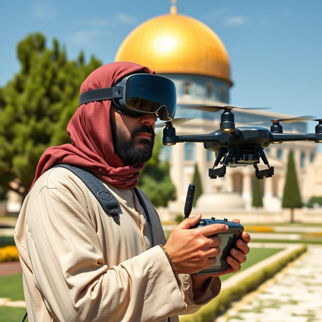 A slightly large-sized mujahid wearing traditional clothing, focused intently while flying an FPV kamikaze quadcopter equipped with explosives