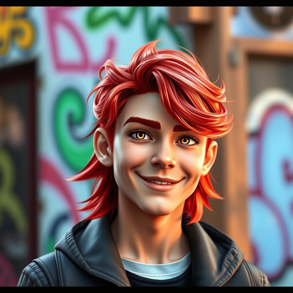 A character named Sam with a wavy red mini mullet hairstyle, showcasing a trendy and youthful look