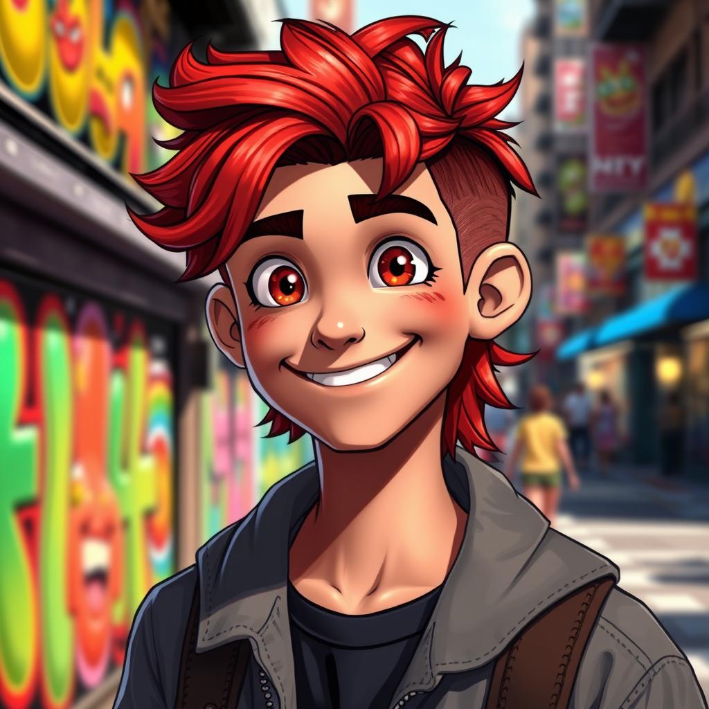 A character named Sam with a wavy mini red mullet hairstyle, showcasing a youthful and trendy appearance