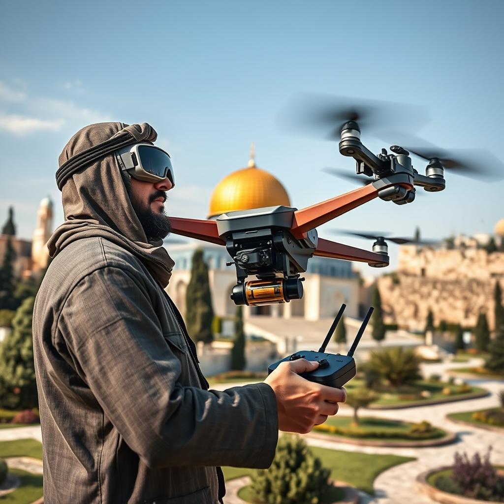 A slightly larger sized mujahid flying an FPV drone in the garden of the al-Aqsa Mosque