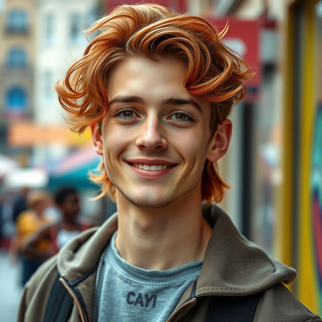 A portrait of a real person named Sam featuring a wavy mini red mullet hairstyle