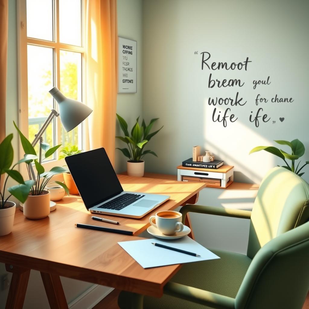 A vibrant background image for a Telegram channel themed 'Remote Work Life', depicting a cozy home office setup