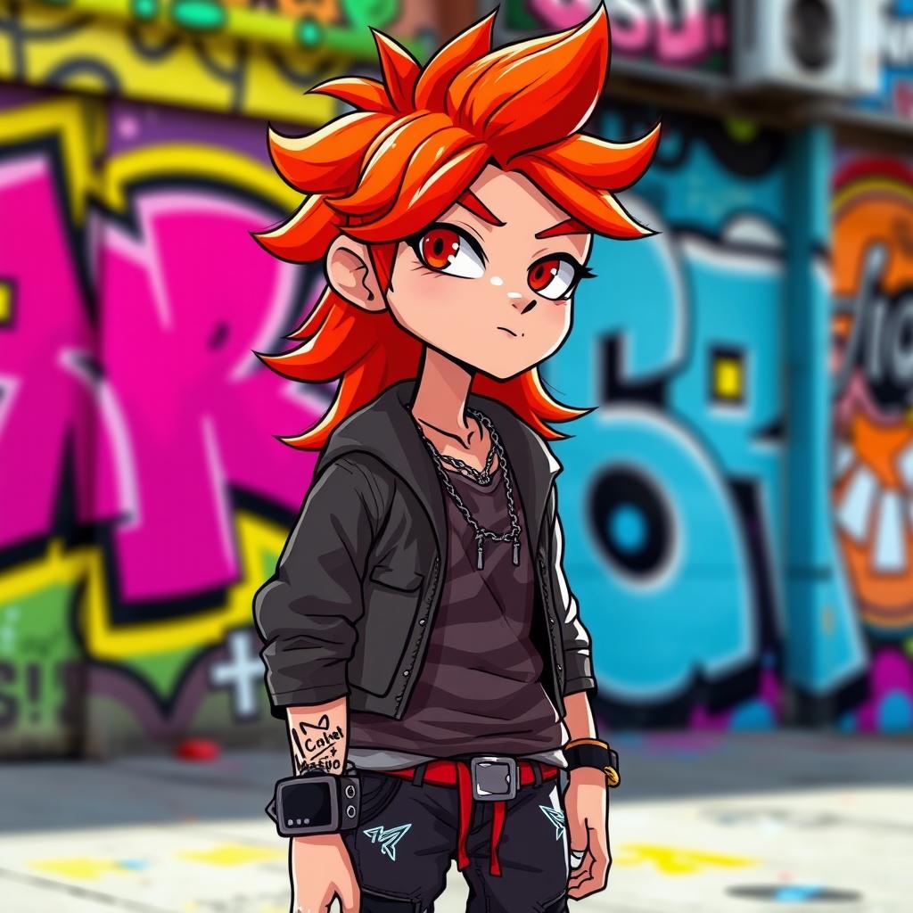A stylized character named Sam featuring a wavy mini fiery red mullet hairstyle, exuding a vibrant and energetic aura