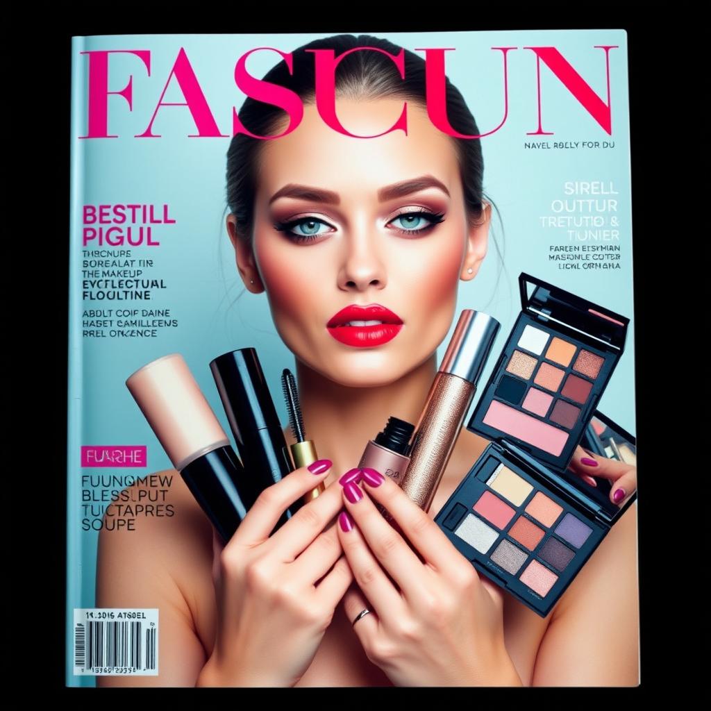A stylish magazine cover featuring a glamorous model with flawless makeup, set against a chic background
