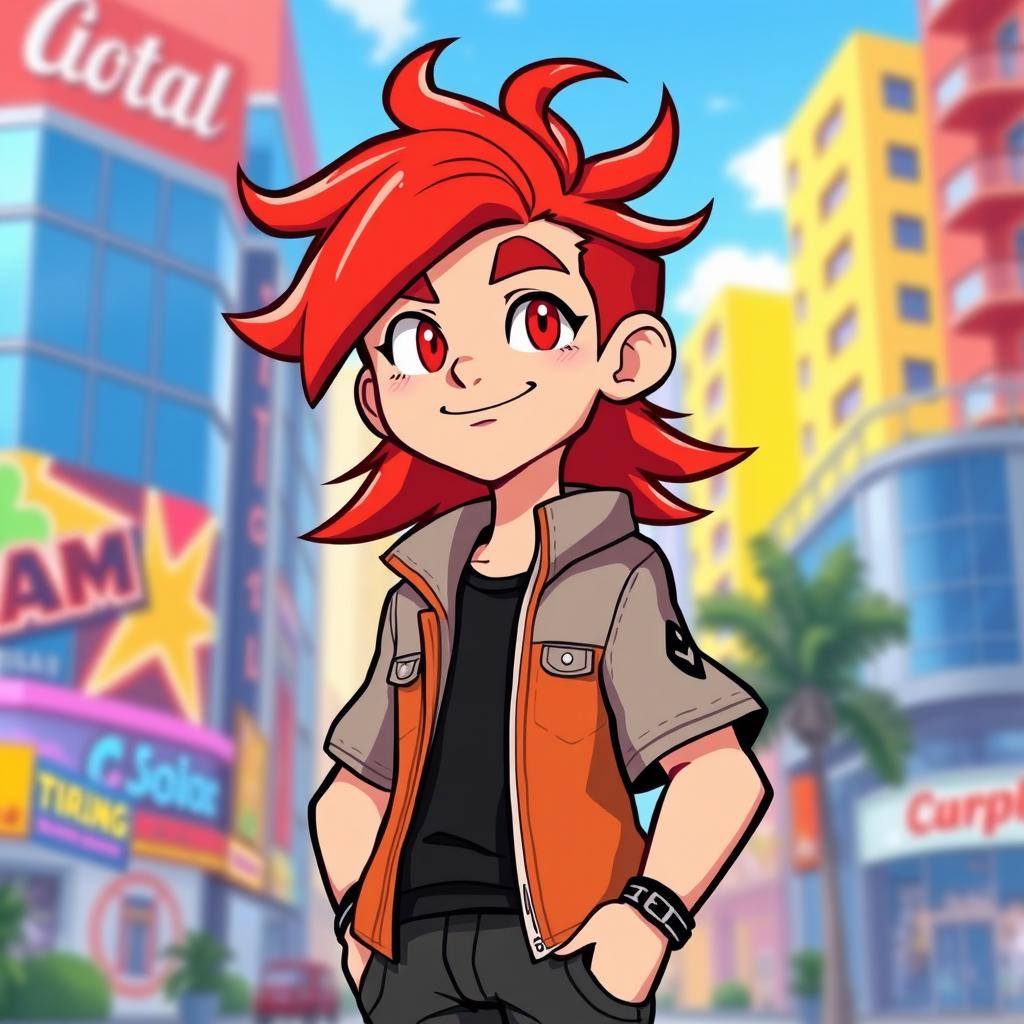 A stylized character named Sam with a fiery red wavy mini mullet hairstyle, radiating a bold and lively presence