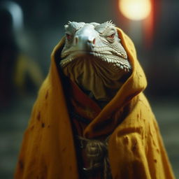 An epic film still of a cute yellow Iguana clad in a rust-colored, cultist cloak. The scene features a shallow depth of field, vignette, highly detailed, high budget bokeh, in a stunning grainy and moody cinemascope.