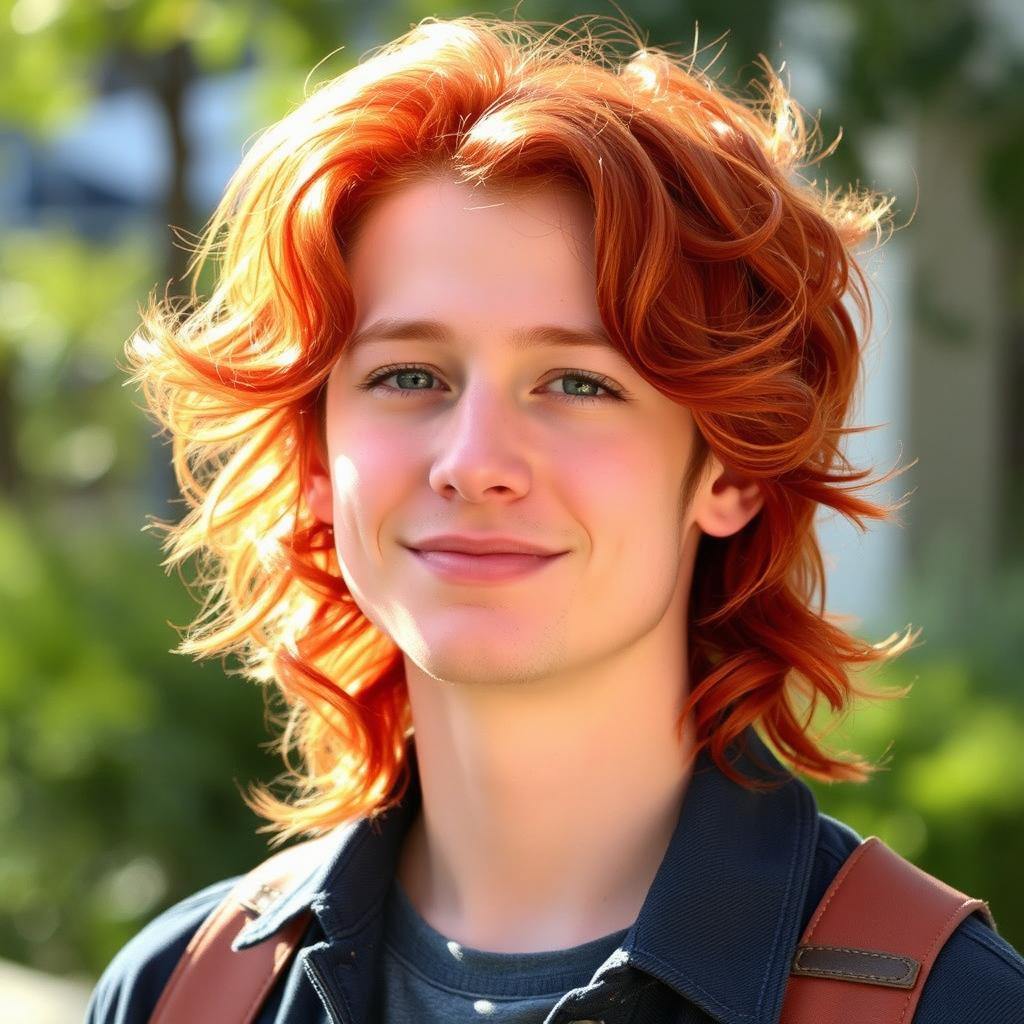 A real person named Sam showcasing a fiery red wavy mini mullet hairstyle