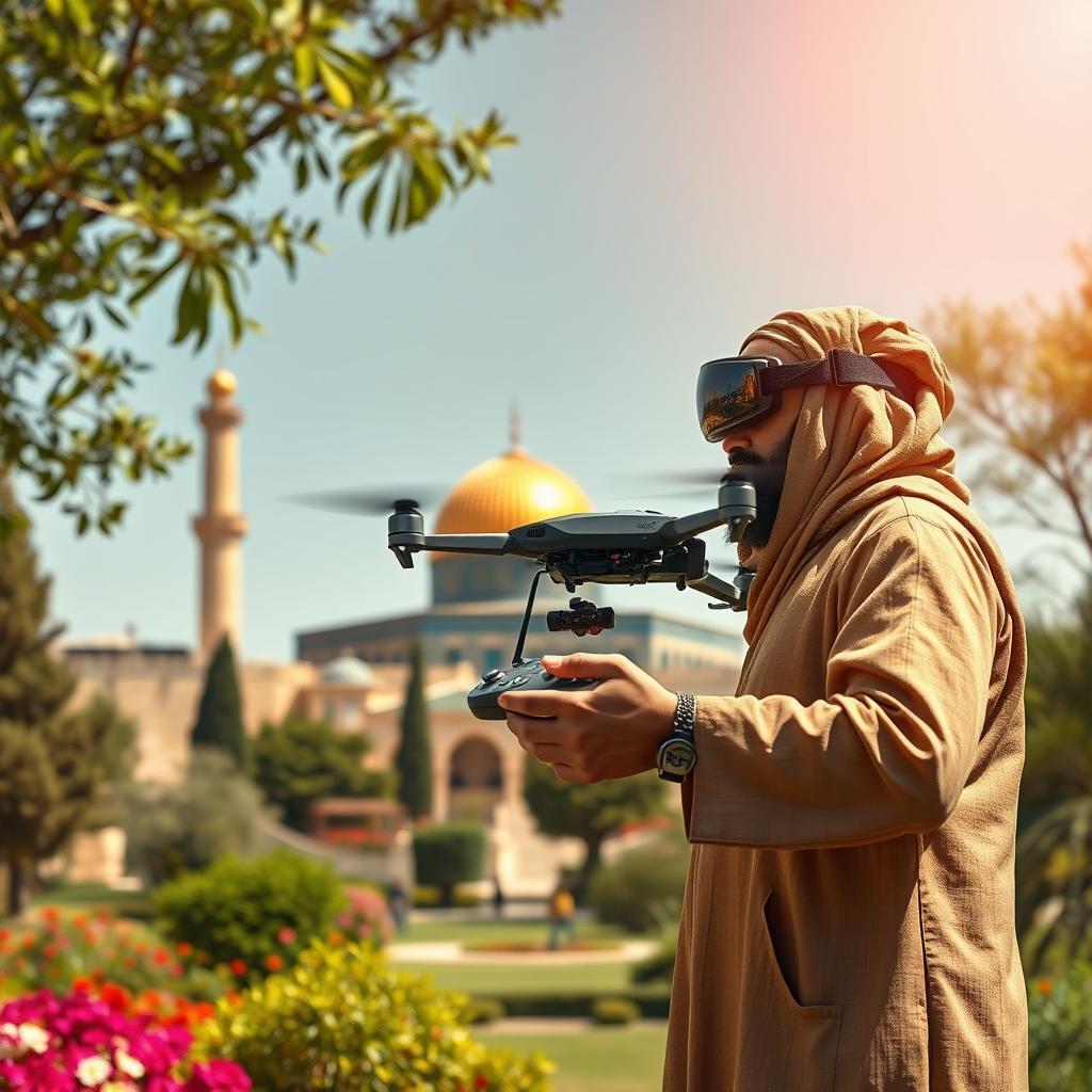A slightly large sized mujahid wearing traditional attire, flying an FPV kamikaze quadcopter equipped with explosives, in the lush garden of the al-Aqsa Mosque