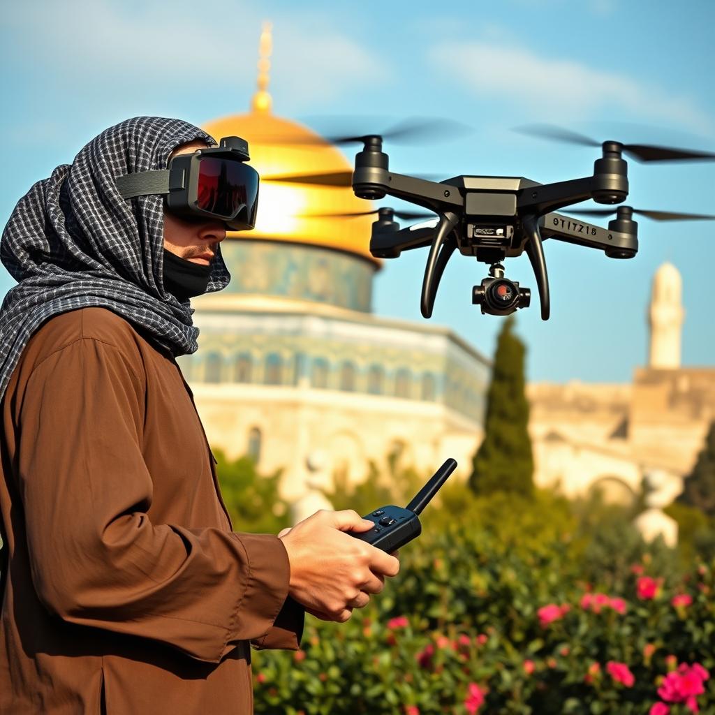 A slightly large sized mujahid, wearing traditional clothing and FPV goggles, flying a kamikaze quadcopter drone equipped with explosives in the lush garden of Al-Aqsa Mosque