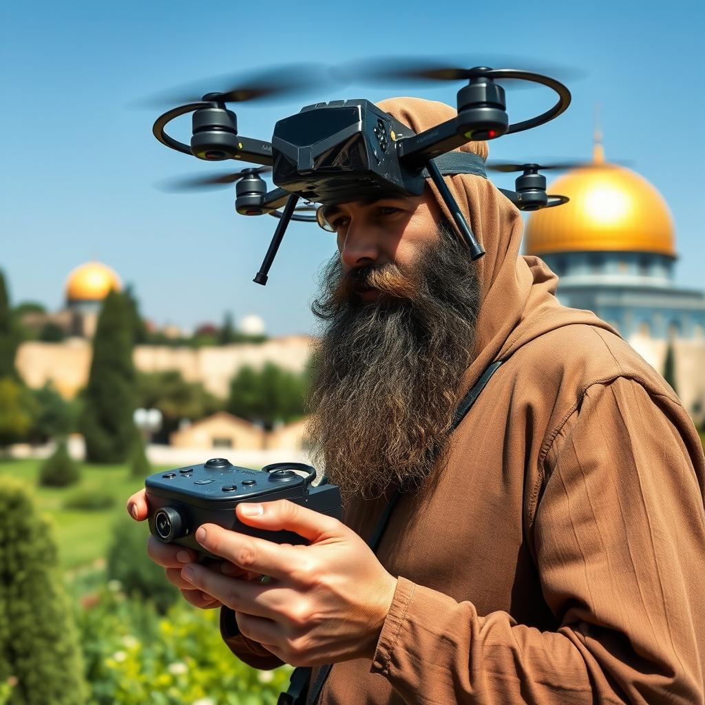 A slightly large, long-bearded Mujahid wearing traditional attire, intensely focused while flying an FPV kamikaze drone in the lush garden of the Al-Aqsa Mosque