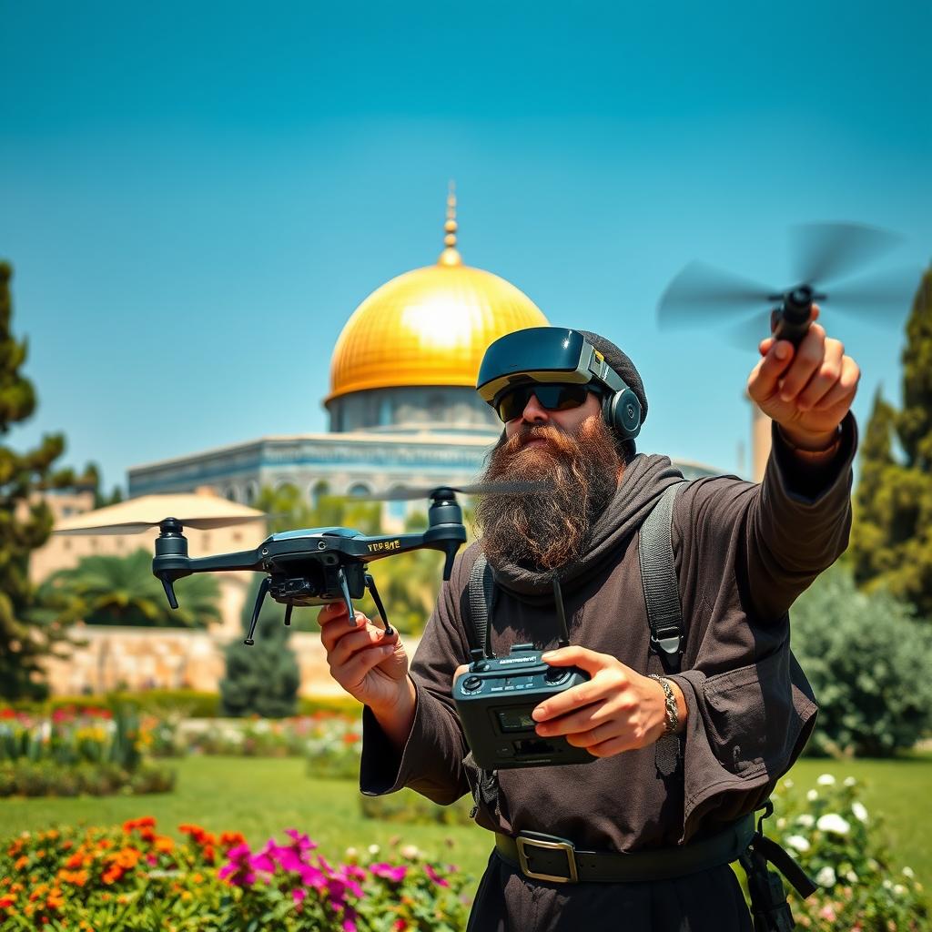 A slightly large, long-bearded Mujahid enthusiastically flying an FPV kamikaze quadcopter equipped with an RPG explosive in the lush garden beside the Al-Aqsa Mosque