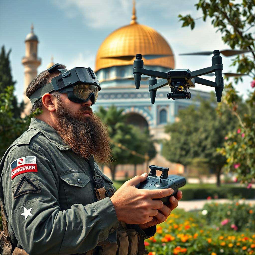 A slightly large, long-bearded Mujahid in military uniform, immersed in operating an FPV kamikaze quadcopter equipped with an RPG, situated in the lush garden of the Al-Aqsa Mosque